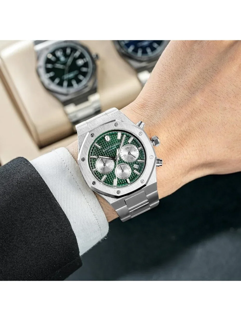 Men's Silver Green Chronograph Quartz Movement Stainless Steel Luxury Date Watch